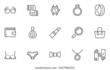 Feminine Accessories Vector Flat Line Icons Set. Jewelry, Underwear, Sunglasses, Perfume, Bag, Glove. Editable Stroke. 48x48 Pixel Perfect.