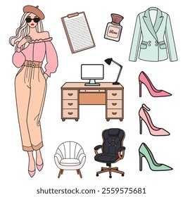 Feminine Aesthetic Vector Clip Art Set – Woman Office Life Elements