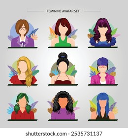 Feminine avatar set illustration with a various hairstyle, skin, and style.