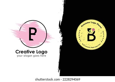 Feminine badge B letter logo. Elegant watercolor background logo with round frame. Beautiful badge for branding and card composition design concept. Letter logo with flower.