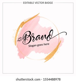 Feminine badge. Elegant watercolor background logo with round frame and gold glitter. Beautiful badge for branding and card composition design concept - Shutterstock ID 1554488978