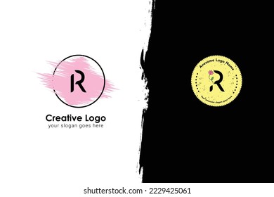 Feminine badge R letter logo. Elegant watercolor background logo with round frame. Beautiful badge for branding and card composition design concept. Letter logo with flower.