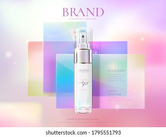 Feminine beauty product ad template, with bottle mock-up set on colorful flat square glass, 3d illustration