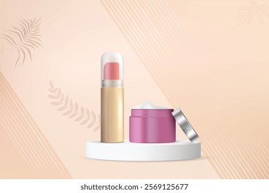 Feminine Beauty Products With Podium Displayed On Beige Pastel Background. Aesthetic Glamoruous Sale Design Vector Illustration For E-commerce, Moble, Web, Landing Page, Etc.