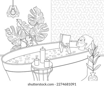 Feminine beauty routine, Spa relax. Adut Coloring picture with beautiful girl in a bath with beautiful view. Hand drawing coloring for kids and adults. Happy lifestyle, weekends