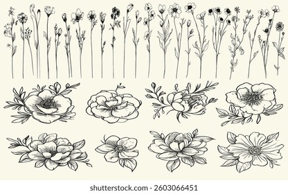 Feminine botanical floral branch with trendy greenery, ideal for eco-conscious decor, boho-themed branding, rustic wedding logos, invitations, chic wedding stationery, wildflowers, elegant design.