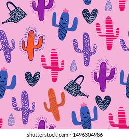 Feminine cactus succulents seamless pattern with colorful nursery pink background for fashion textile wrapping and print. Vector illustration hand drawn scandinavian style drawing.
