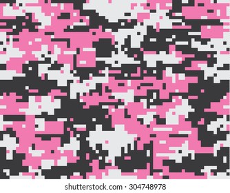 Feminine camouflage  seamless pattern. Digital (pixelated) texture. Pink, white and black color.