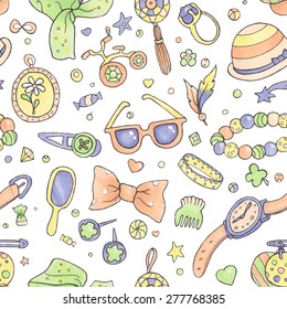 Feminine colorful hand drawn pattern. Beauty and fashion items. Stuff that girls like so much. Vector tracing background.