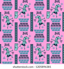 Feminine colors of hand drawn aztec tribal seamless pattern with ancient maya aztec theme ready for fashion textile print.