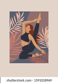 Feminine concept. Cute girl doing yoga poses. Lifestyle by young woman. Fashion illustration by femininity, beauty and mental health. Vector cartoon illustration