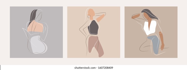 Feminine concept design template and illustration. Woman in minimal linear style Fashion illustration by femininity, beauty and modern art. Abstract poster and t-shirt print Vector illustration