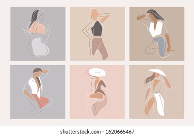 Feminine concept design template and illustration. Woman in minimal linear style Fashion illustration by femininity, beauty and modern art. Abstract poster and t-shirt print Vector illustration