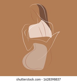 Feminine concept design template and illustration. Woman in minimal linear style Fashion illustration by femininity, beauty and modern art. Abstract poster and t-shirt print Vector illustration