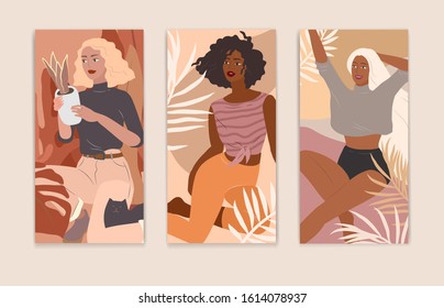 Feminine concept flyers. Happy cute girls resting with cat and home plants. Feminine Daily life by young woman concept. Fashion illustration by female beauty and mental, femininity and feminism