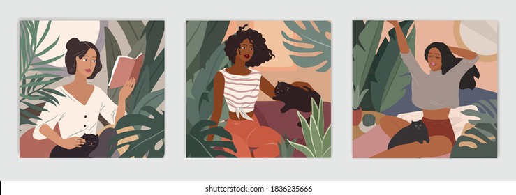 Feminine concept flyers. Happy cute girls resting with cat and home plants. Feminine Daily life by young woman concept. Fashion illustration by female beauty and mental, femininity and feminism