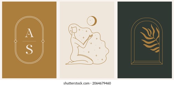 Feminine concept illustration, beautiful esoteric women silhouette and logo template with arche, palm leaf and letters