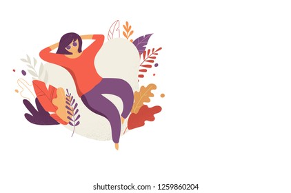 Feminine concept illustration, beautiful woman. Character decorated with flowers and leaves.