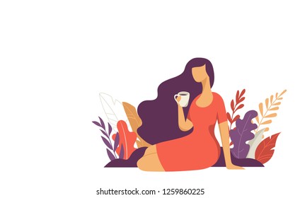 Feminine concept illustration, beautiful woman with a cup. Character decorated with flowers and leaves.