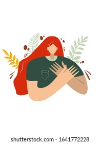 Feminine concept illustration, beautiful woman. Character decorated with flowers and leaves. T-shirt print design. Hand drawn illustration. Cute woman.
