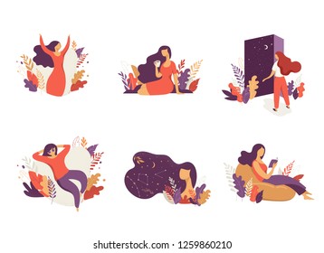 Feminine concept illustration, beautiful women, different situations. Characters decorated with flowers and leaves.