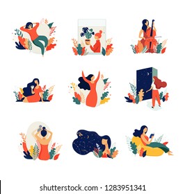 Feminine concept illustration, beautiful women in different situations. international women's day. Flat style vector design set stock vectors