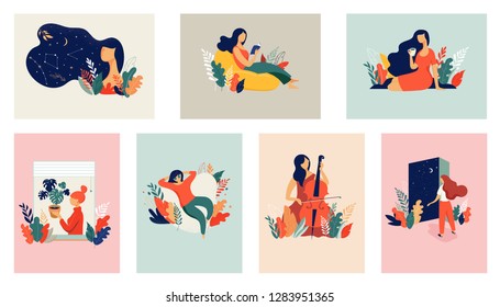 Feminine concept illustration, beautiful women in different situations. international women's day. Flat style vector design set stock vectors