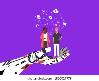 Feminine couple of people they are supporting by artificial hand. Females staying on cyber hand in purple background.