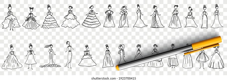 Feminine elegant dresses doodle set