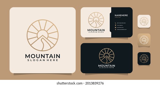 Feminine elegant line mountain sunset sun light logo design elements. Logo can be used for icon, brand, identity, symbol, and landscape
