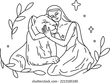 Feminine energy aesthetic in line art style. Hand drawn line art vector illustration. Girl, woman with lioness