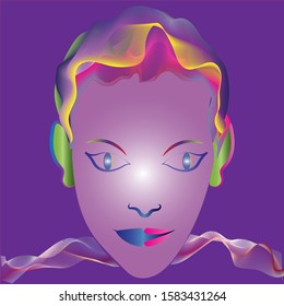 Feminine face artwork in multi color against a purple background. 