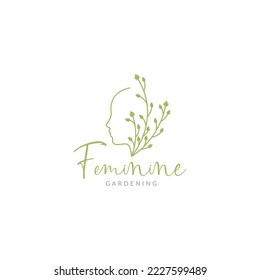 feminine face female with leaves nature logo design vector