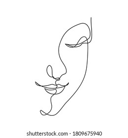 feminine face is outlined just by one continuous line. Fashion and beauty concept. line art style image of people. Vector illustration isolated on white background.