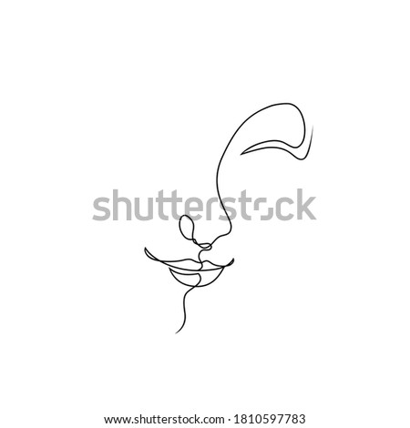 feminine face is outlined just by one continuous line. Fashion and beauty concept. line art style image of people. Vector illustration isolated on white background.