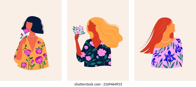 Feminine fashion concept illustration, beautiful women wearing dresses with floral patterns, botanical drawings. Cards, prints and poster designs. 