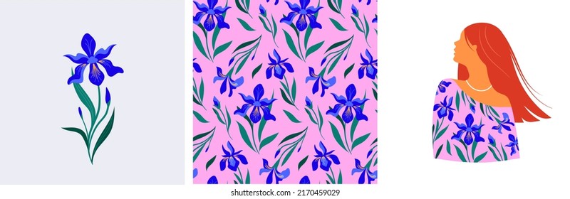Feminine fashion concept illustration, beautiful women wearing dresses with floral patterns, seamless pattern and flower bouquet. Card, print and poster designs. 