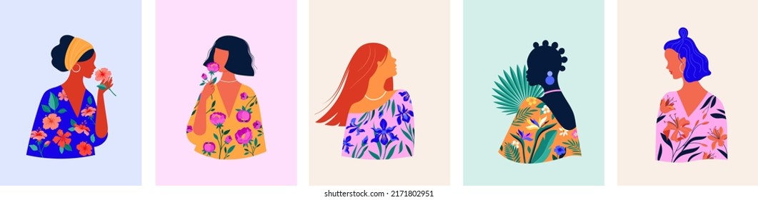 Feminine Modekonzeption Illustration, schöne Frauen mit Kleider mit Blumenmustern, botanische Zeichnungen. Karten, Drucke und Plakatdesigns. 