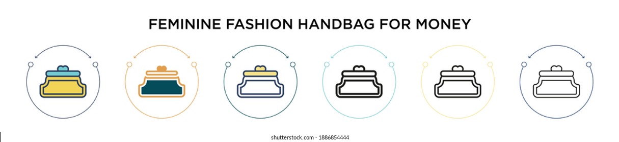 Feminine fashion handbag for money icon in filled, thin line, outline and stroke style. Vector illustration of two colored and black feminine fashion handbag for money vector icons designs can be