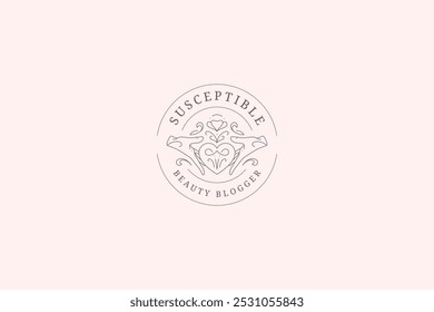 Feminine floral blossom heart with hands circle line art logo design template vector illustration. Romantic flourish botanical beauty minimalist logotype for organic skin care cosmetic brand