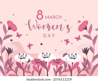 Feminine Floral Celebration:  A delicate pink and white floral arrangement with butterflies dancing amidst the blooms marks International Women's Day on March 8th.