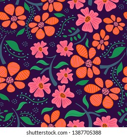 Feminine floral hand drawn seamless pattern on purple background