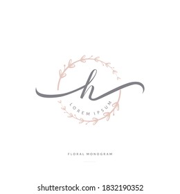 feminine floral letter H. beautiful caligraphic monogram flourish leaf boutique logo vector template stock illustration.