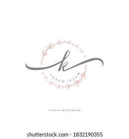 Feminine Floral Letter K. Beautiful Caligraphic Monogram Flourish Leaf Boutique Logo Vector Template Stock Illustration.