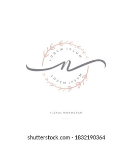 feminine floral letter N. beautiful caligraphic monogram flourish leaf boutique logo vector template stock illustration.