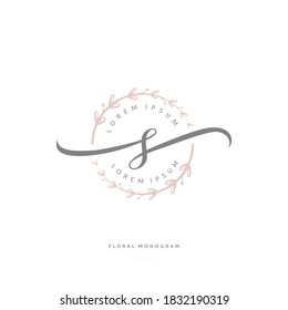 feminine floral letter S. beautiful caligraphic monogram flourish leaf boutique logo vector template stock illustration.