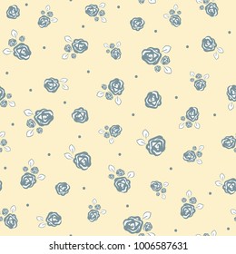 Feminine floral seamless pattern. Repeated cute roses with leaves. Drawn by hand. Endless vector illustration