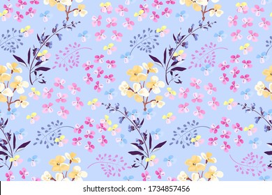 Feminine floral vector seamless pattern. Pink, yellow small flowers, blue sage, purple twigs isolated on light blue background.