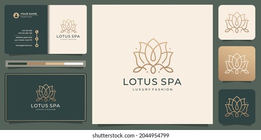 feminine flower lotus spa logo design and business card. creative line style floral lotus spa design