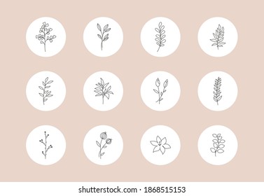 Feminine flower story highlight covers. Abstract botanical line leaf branch icons for social media boho style. Vector illustration